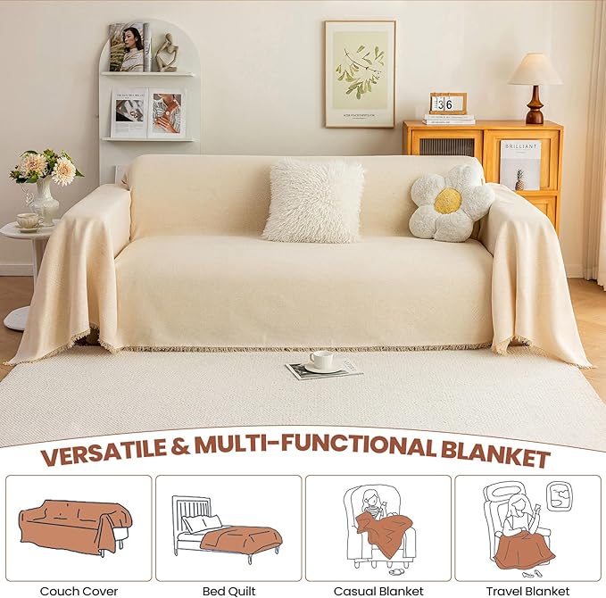 STACYPIK Thick Beige Jacquard Floral Couch Cover for Dogs, Washable Boho Couch Covers, Non Slip Couch Sofa Cover, Couch Cover 3 Cushion Sofa with Tassels, Furniture Protector for Living Room-71X134IN