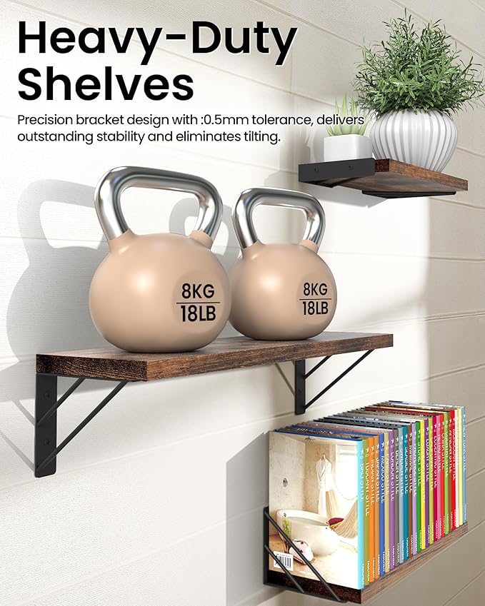 BAYKA Wall Shelves for Bedroom Decor, Floating Wall Shelves for Living Room Kitchen Storage, Wall Mounted Rustic Wood Floating Shelves for Kids Books,Corner Shelves for Bathroom(Set of 3)