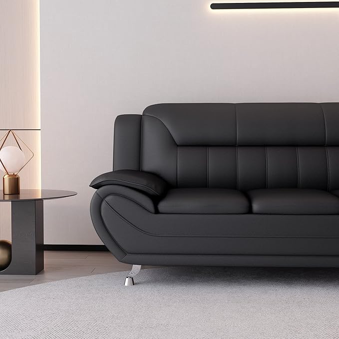 Container Furniture Direct Michael Modern Faux Leather Upholstered Stainless Steel Legs Living Room Sofa, Loveseat, Midnight