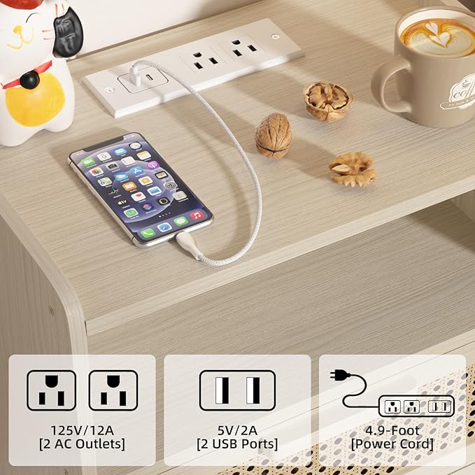 Lerliuo Rattan Nightstands Set of 2 with Charging Station, Side Table with Drawer Open Shelf, Cane Accent Bedside End Table, Night Stand for Bedroom, Dorm and Small Spaces (Grey White)