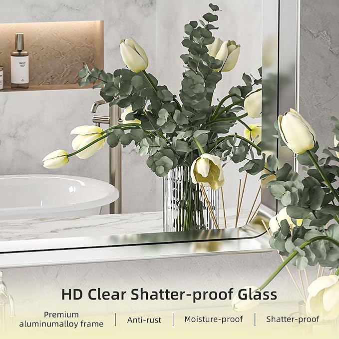 Hasipu Brushed Silver Bathroom Mirror 50x40 Inch Rounded Rectangle Vanity Mirror Metal Framed Wall Mirrors Anti-Rust Surface Mount (Horizontal/Vertical)