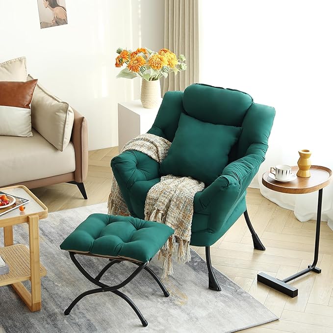 Lazy Chair with Ottoman, Comfy Reading Chair with Footstool & Pillow Modern Lounge Chairs with Armrests & Side Pocket for Living Room, Bedroom, Dorm Room，Dark Green