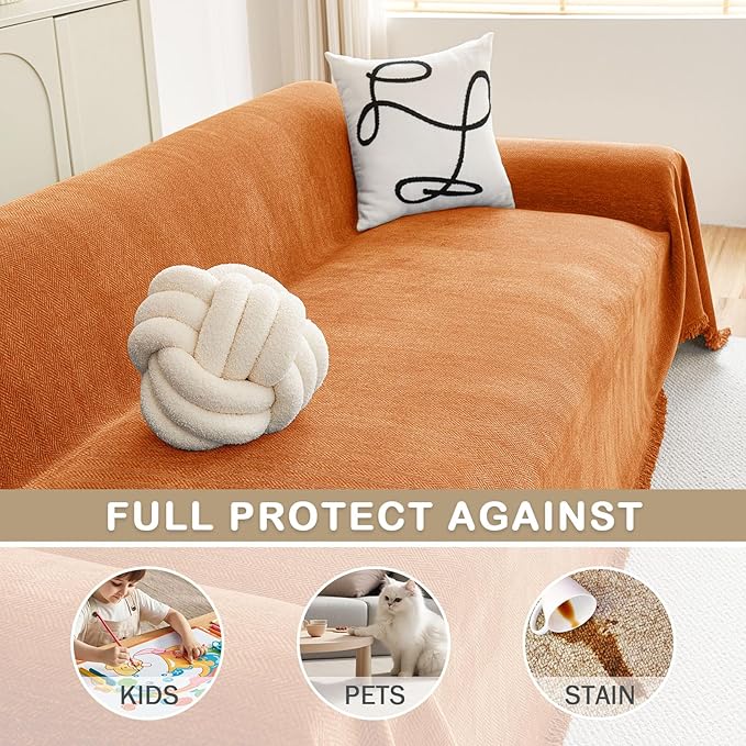 hyha Couch Cover for Dogs, Boho Sofa Covers for 3 Cushion Couch Washable, Chenille Sofa Slipcover for Pets, Soft Loveseat Sectional Couch Throw Blankets with Tassels (Orange, 71x150 Inch)