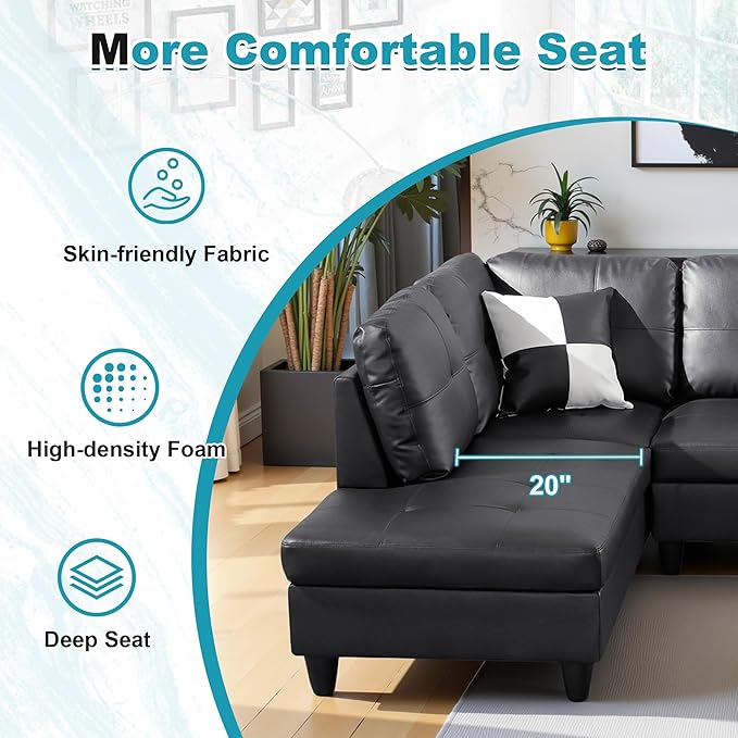 103.5" Oversized Sectional Couch, L Shaped Couch with Storage Ottoman, Modern Modular Sofa with Deep Seat, Sectional Couches for Living Room and Office, Jet Black (Faux Leather)