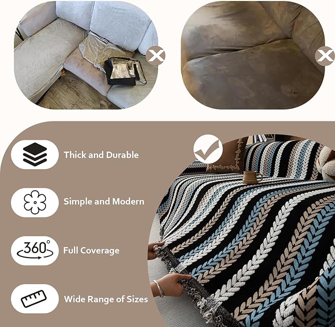 STACYPIK Boho Chenille Sofa Cover, Soft Jacquard Leaves Couch Cover, Non-Slip Loveseat Cover for Sectional Sofa, Washable Pet Protector for 3 Cushion Couch,Multi-use Vintage Throw Slipcover-71x134IN