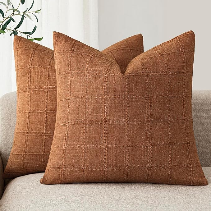 Foindtower Set of 2 Decorative Linen Check Throw Pillow Covers Neutral Farmhouse Vintage Cushion Covers Modern Boho Home Decor for Sofa Chair Couch Bedroom Living Room Outdoor,18×18 Inch,Orange