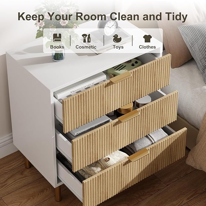 GarveeHome Natural Dresser, Modern 3 Drawer Dresser for Bedroom with Gold Handle and Large Drawer, Wood Double Chest of Drawers and Storage Organizer for Living Room, Hallway, Entryway
