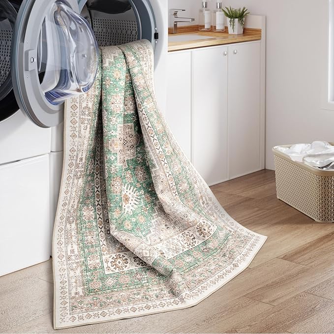 zesthome 8x10 Area Rugs for Living Room,Non-Slip Backing Washable Rugs,Vintage Large Area Rug，Stain Resistant Home Decor Rug (Green/Brown,8'x10')