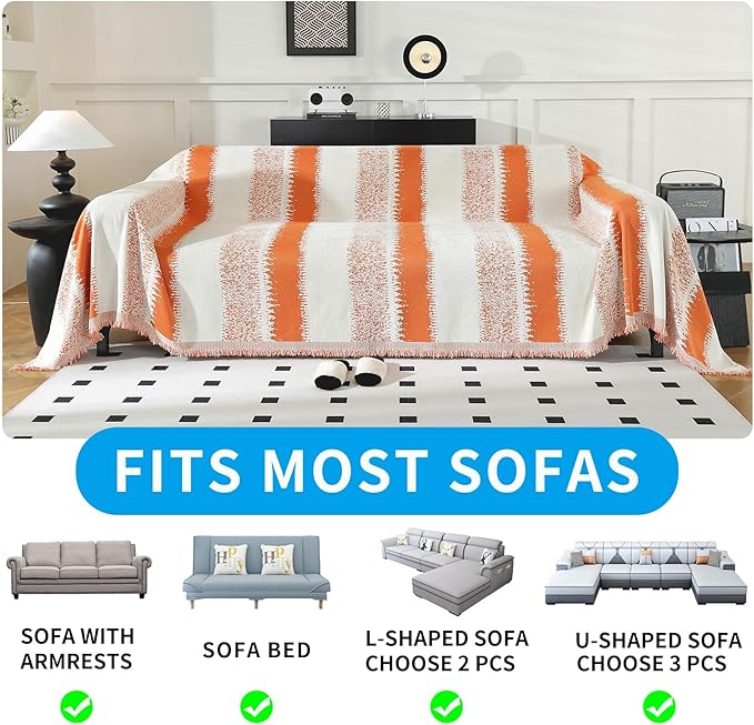 LUFEIJIASHI Boho Couch Covers for Sofa Non Slip Sofa Covers Washable Couch Covers for 3 Cushion Couch Sofa Pet Friendly Sectional Couch Cover Blanket Furniture Protector for Dogs (Orange, 71"x150")