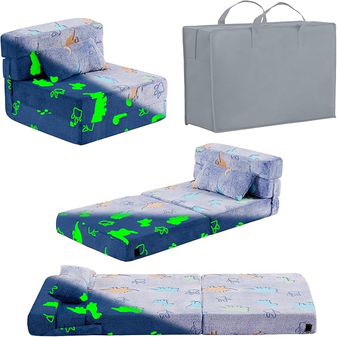 Folding Sofa Bed Floor Mattress for Kids With Pillow - Toddler Glow Washable Nap Mat for Sleeping, Child Fold Up Futon Chair Bed With Storage Bag for Girls Boys