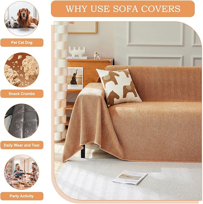 STACYPIK Thick Burnt Orange Sofa Cover, Breathable Chenille Couch Cover for Sectional, Pet Friendly Protector for 3 Cushion Couch, Pumpkin Loveseat Cover for L-Shaped, Washable Sofa Slipcover-71X150IN