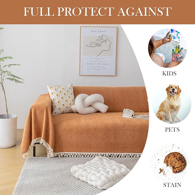 HANDONTIME Dark Orange Sofa Covers Couch Cover for Dogs Colorful Tassel Sofa Seat Cover Lovetseat Cover Pet Couch Cover Bohemian Sofa Cover for Couch Vintage Boho Couch Covers Futon Cover, 91" X150"