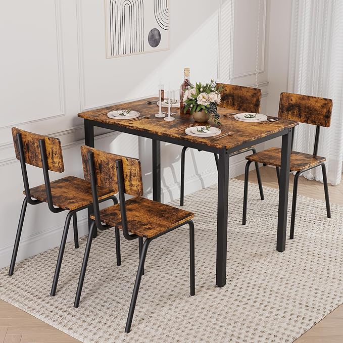 5-Piece Dining Table Set with 4 Chairs, 43" Kitchen Table Chairs Set of 4, Rectangular Dining Room Table Set with Metal Frame & MDF Board, Perfect for Small Space, Brown