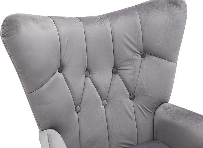 Container Furniture Direct Modern Chic Mid-Century Velvet Accent Armchair for Living Room, Bedroom, or Home Office, Button-Tufted Wingback Design with Gold Flared Legs, Grey