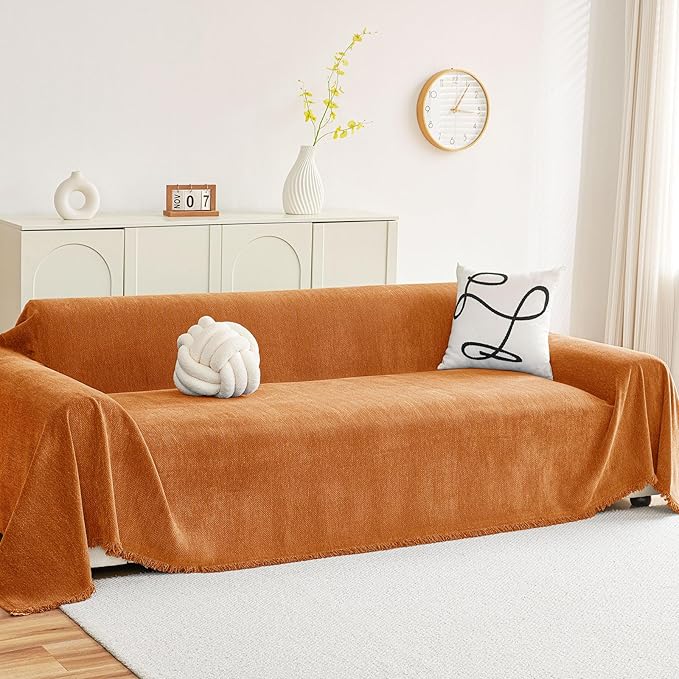hyha Couch Cover for Dogs, Boho Sofa Covers for 3 Cushion Couch Washable, Chenille Sofa Slipcover for Pets, Soft Loveseat Sectional Couch Throw Blankets with Tassels (Orange, 71x118 Inch)