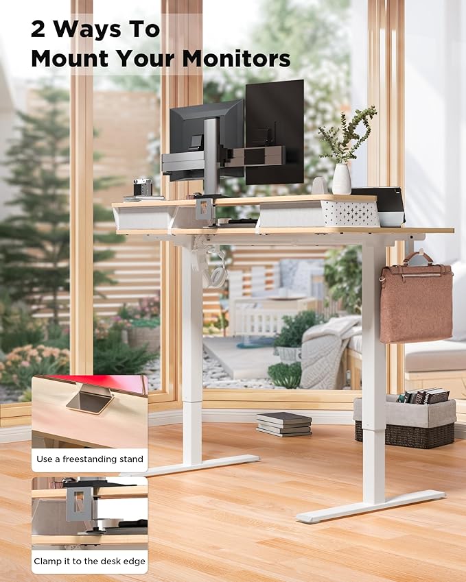 55x24 Inch Standing Desk with Double Drawers, C-Clamp Mount Compatible, Electric Adjustable Height Computer Stand Up Desks, Home Office Sit Stand Table with 3 Preset Heights & 2 Hooks, Natural