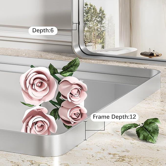 Hasipu Brushed Silver Bathroom Mirror 50x40 Inch Rounded Rectangle Vanity Mirror Metal Framed Wall Mirrors Anti-Rust Surface Mount (Horizontal/Vertical)