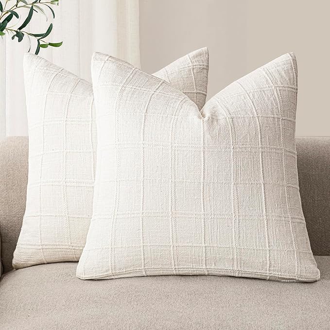 Foindtower Set of 2 Decorative Linen Check Throw Pillow Covers Neutral Farmhouse Vintage Cushion Covers Modern Boho Home Decor for Sofa Chair Couch Bedroom Living Room Outdoor,18×18 Inch,Cream White