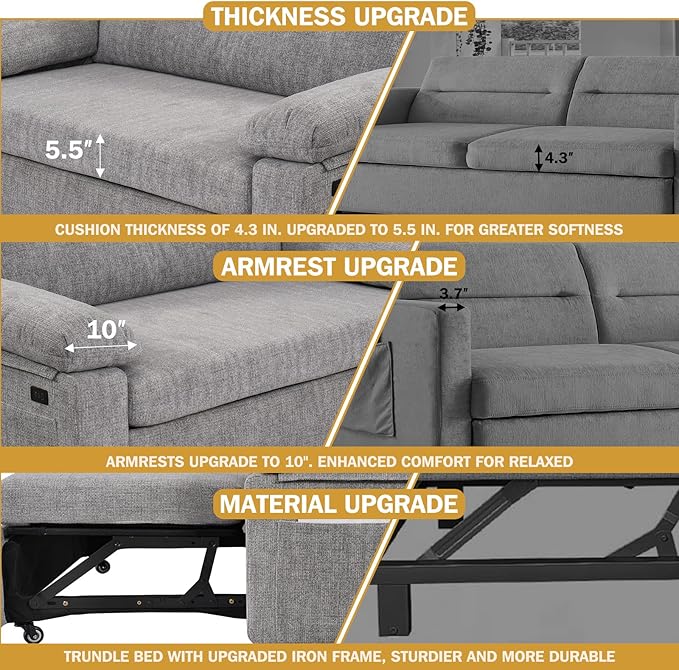 Vipbear 58" Convertible Sofa Bed, 3-in-1 Pull Out Sleeper Sofa with USB Ports & Adjustable Backrest, Loveseat with Side Pocket for Living Room, Apartment, Tool-Free Assembly, Chenile Light Grey