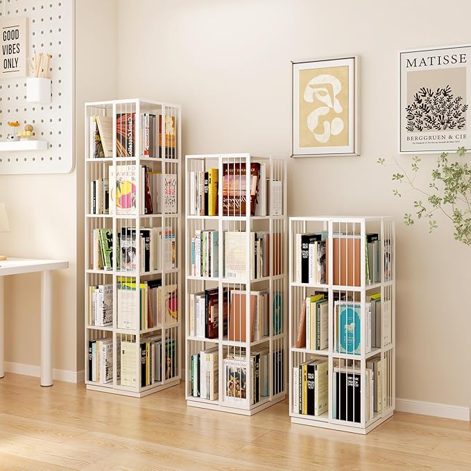 Square Rotating Bookshelf Tower - 360 Spinning Display Corner Bookcase for Narrow Space, Modern 5-Tier Revolving Storage Shelf, White