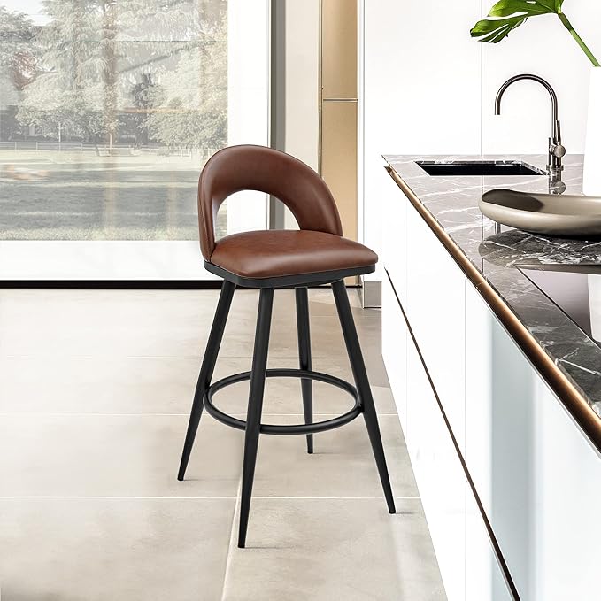 Armen Living Charlotte Swivel Counter Stool in Black Metal and Brown Faux Leather