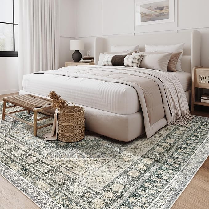 zesthome 8x10 Area Rugs for Living Room,Non-Slip Backing Washable Rugs,Vintage Large Area Rug，Stain Resistant Home Decor Rug (Wheat/Charcoal,8'x10')