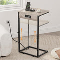 Vagusicc C Shaped End Table with Charging Station, Adjustable Height Side Table for Couch,Small Side Table Small Spaces,33.2'' Tall Couch Tables that Slide Under, Tv Tray Table for Living Room, Greige