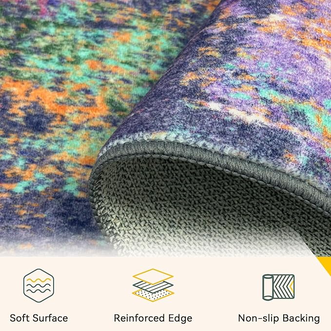 Washable Area Rugs 5'x7' Non-Slip Modern Abstract Soft for Living Room Entryway Bedroom Nursery, Print Pattern, Purple Orange Blue Green Rust Red Colorful