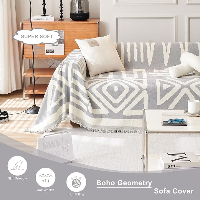 STACYPIK Dark Gray Couch Cover, Boho Chenille Sofa Covers Pet-Friendly, Reversible Non Slip Furniture Protector for 3 Cushion Couch, Modern Triangle Couch Cover for Loveseat,Multi-Use Blanket-71X134IN