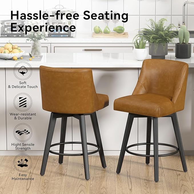 Counter Height Swivel Bar Stools Set of 3, 26 Inch Bar Stools with Footrest, Faux Leather Upholstered Barstools with Back and Solid Wood Legs for Kitchen Island, Dining Room,Pub,Brown