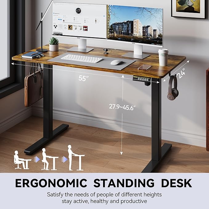 Electric Standing Desk Adjustable Height 55"x24" Stand Up Desk with Lockable Wheels Ergonomic Sit Stand Desk for for Work Office Home Computer Workstation (Rustic Brown)