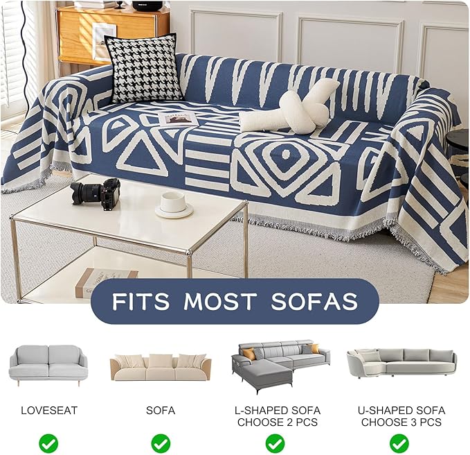 STACYPIK Boho Chenille Blue Sofa Cover L Shaped Couch Cover Reversible Couch Cover for 3 Cushion Couch Non-Silp Furniture Cover for Dogs Cats Sectional Sofa Cover for Loveseat Futon Cover-91X134IN