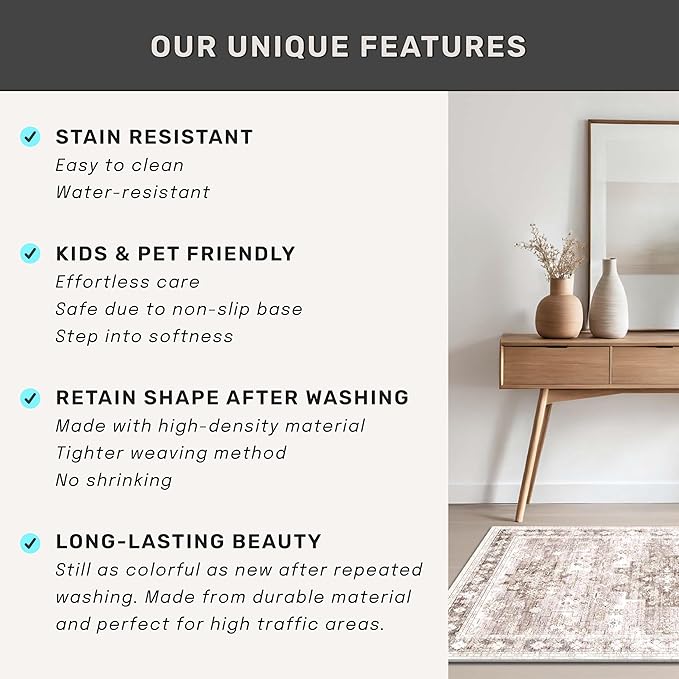 Beige Washable 2'6"x8' Wide Hallway Runners, Kitchen Runner Rug, Non-Slip & Stain Resistant Long Floor Rug, Neutral Boho Floral Decor (2'6"x8' Beige/Latte)