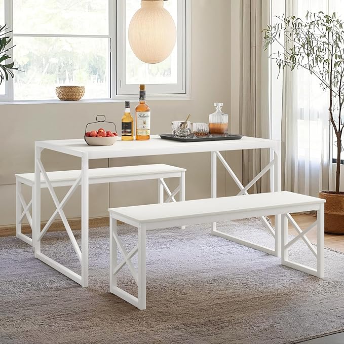 VECELO Kitchen Dining Table Set for 4, 55" Wood Rectangle Dinette with 2 Benches, Heavy-Duty Metal Frame for Small Space, Breakfast Nook, White
