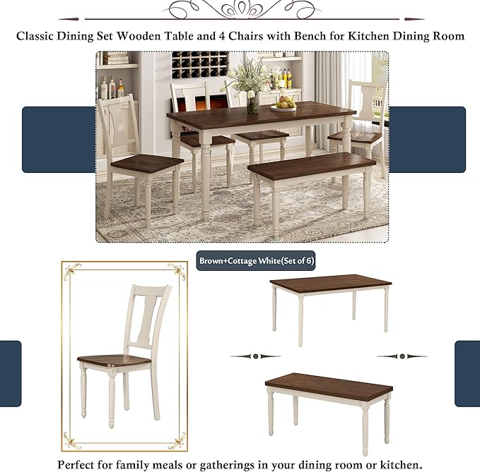 6 Pieces Dining Table Set with 60" Rectangle Kitchen Desk,Living Room Furniture W/ 4 Concave Arc Chairs & 1 Bench,for Restaurant,Home Bistro,Brown+Cottage White