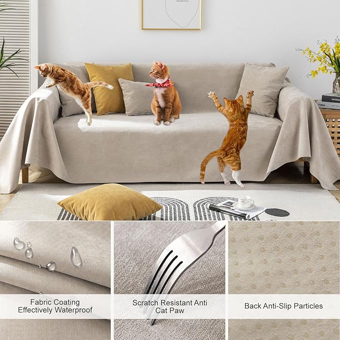 STACYPIK Waterproof Sofa Covers Durable Beige Sectional Couch Cover L Shape for Kids Dogs Pet Protector Non-Slip Sofa Slipcover for 3-4 Cushion Couch Multi-Use Leak-Proof Couch Cover-71X150IN