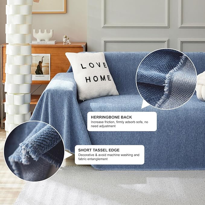 STACYPIK Thick Blue Sofa Covers Couch Covers for Dogs Herringbone Jacquard Couch Covers for 3 Cushion Couch Non-Slip Sectional Covers Protector Loveseat Couch Cover Pet Blanket Cover-71x134IN