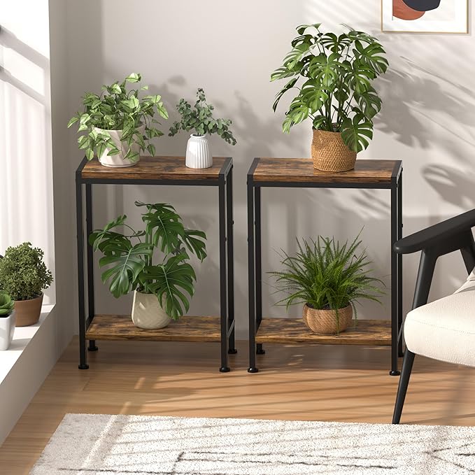 Narrow Side Table for Small Space, 2-Tier Small End Table with Shelf Holder, Slim Nightstand, Skinny Snack Couch Table in Living Room, Bedroom, Study, Kitchen and Balcony (Rustic Brown)