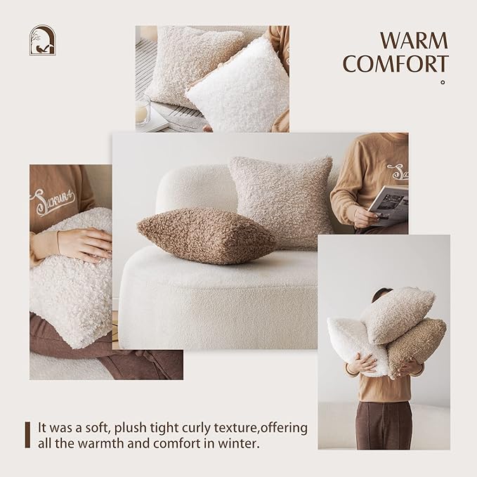 Foindtower 2 Pieces 16x16 Inch Chocolate, Faux Fur Throw Pillow Cover Accent Sherpa Pillow Fuzzy Soft Pillowcases Sheepskin Decorative Fleece Cushion Case for Bed Couch Living Room