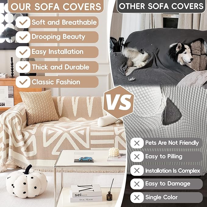 STACYPIK Boho Couch Cover Khaki Triangle Sofa Cover for Dog Cat Anti-Scratch Loveseat Cover Reversible Non Slip Couch Protector for 2 Cushion Couch Chenille Jacquard Couch Cover for Sectional-71X118IN