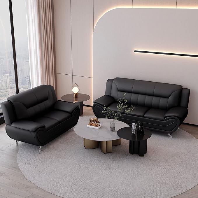 Container Furniture Direct Michael Modern Faux Leather Upholstered Stainless Steel Legs Living Room Sofa, Midnight Black