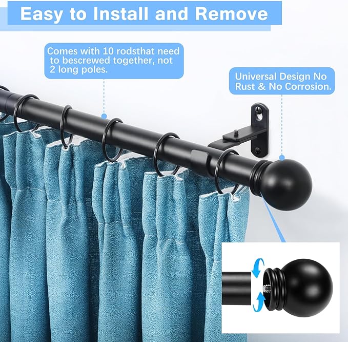 Curtain Rods for Windows 16 to 150 Inches, Curtain Rod Max Adjustable Length of 160 IN, 1" Diameter Drapery Rods Round Finials, Black, Pack of 2