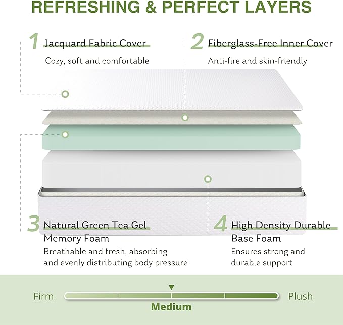 10 Inch Queen Mattress, Memory Foam Mattress in a Box with Cooling Green Tea Gel, Relieve Pressure with Medium Support, CertiPUR-US Certified, 80''L x 60''W, White