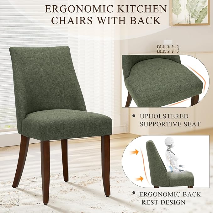 COLAMY Upholstered Dining Chairs Set of 2, Mid Century Modern Kitchen Chairs with Back, Farmhouse Fabric Side Dining Room Chairs with Wood Legs for Dining Room Restaurant, Green