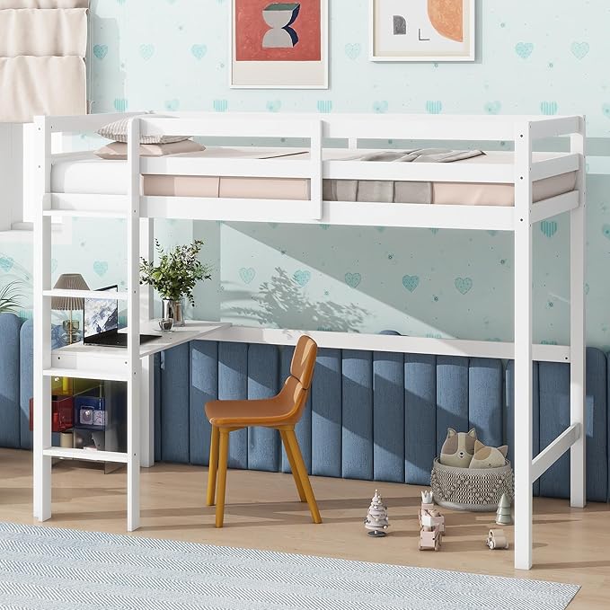 HomSof Twin Loft Bed with Built-in Desk,White