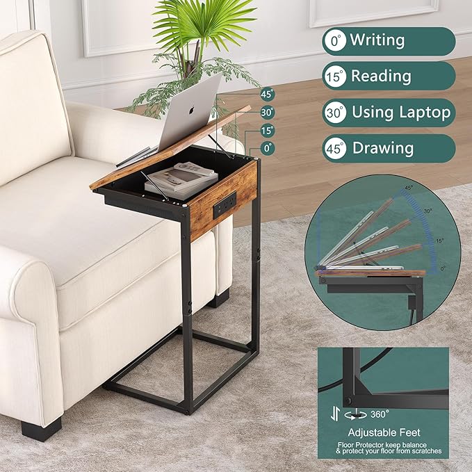 C Shaped End Table with Charging Station,45° Tiltable Adjustable Flip Top Side Table Set of 2,Small C Table Set 2 for Small Spaces,Slide Under Couch Sofa Bedside Table Living Room,Rustic Brown