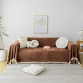 HANDONTIME Boho Style Sofa Cover with Tassels, Washable & Non-Slip Couch Cover for 3 Cushion Sofa, Herringbone Pattern Pet-Friendly Sofa Slipcover, Chocolate Color, 91"x150", Living Room Decor