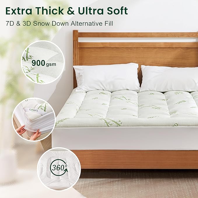 Love's cabin Queen Mattress Topper, Rayon Derived from Bamboo, 900 GSM Breathable Mattress Topper Pad, Thick Pillow Top Mattress Pad with Stretches up 8"-20" Deep Pocket(60"x80"), Green