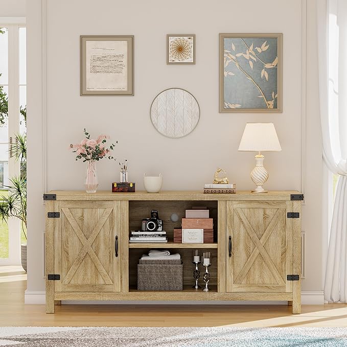 YESHOMY Farmhouse Buffet & Sideboard, 58" Kitchen Storage Cabinet with Adjustable Shelves & Doors, Wood Coffee Bar for Living Room, Entryway, Yellow
