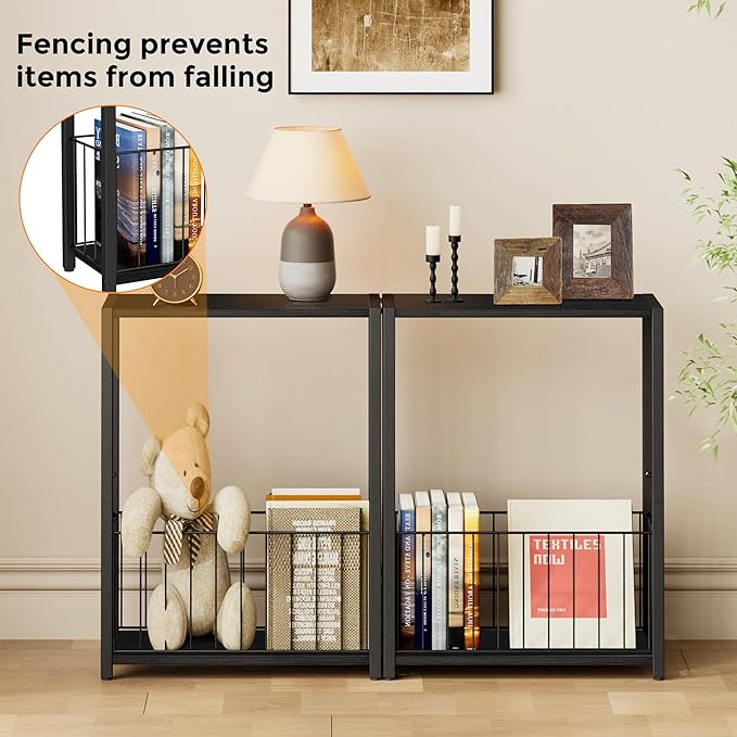 Narrow Side Table with Magazine Holder, Skinny End Table Perfect for Small Spaces, Space-Saving Design for Living Room, Bedroom, or Office, 7.1" D x 16.9" W x 23.6" H, Black